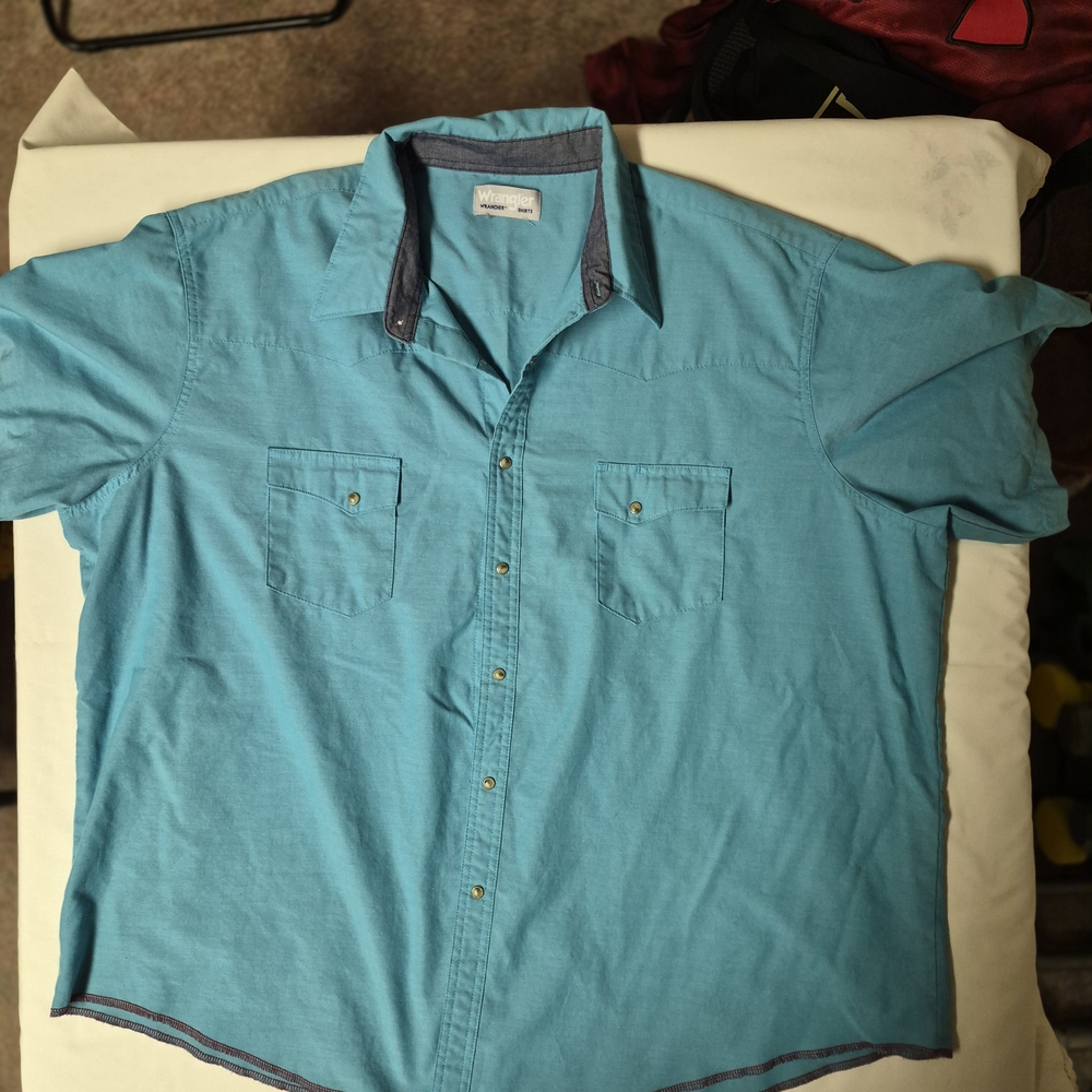 Wrangler Wrancher Mens Turquoise Blue Short Sleeve Western Pearl Snap Shirt 3XL